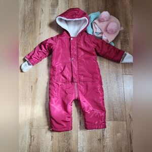 LOT Of 3 Baby Girl Toddler Jumpsuit Size 90cm 35in Overalls Fleece Lined + 2 Hat